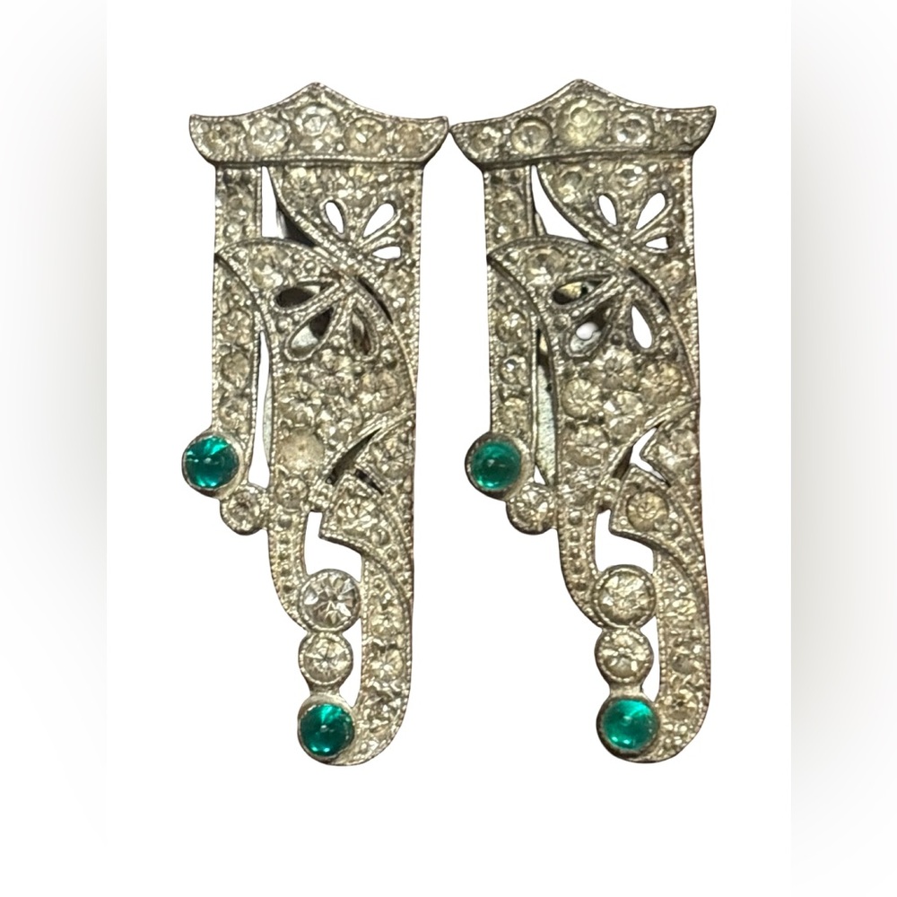 1930s Art Deco Rhinestone Dress Clips Pair w/ Emerald Glass Cabochons Shoe Clips